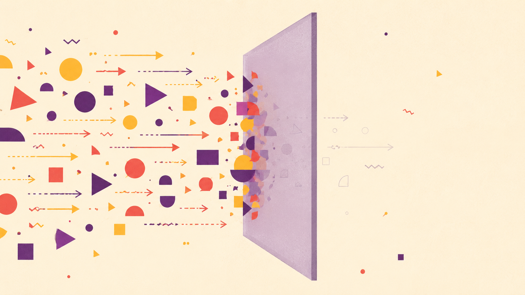 Colourful shapes streaming toward a tall translucent panel and piling up, only faint outlines passing through.