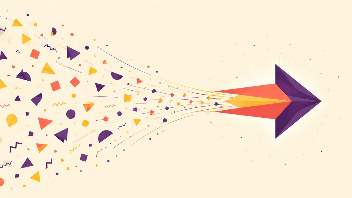 Scattered geometric shapes converging into one large clean arrow, order emerging from a mess.