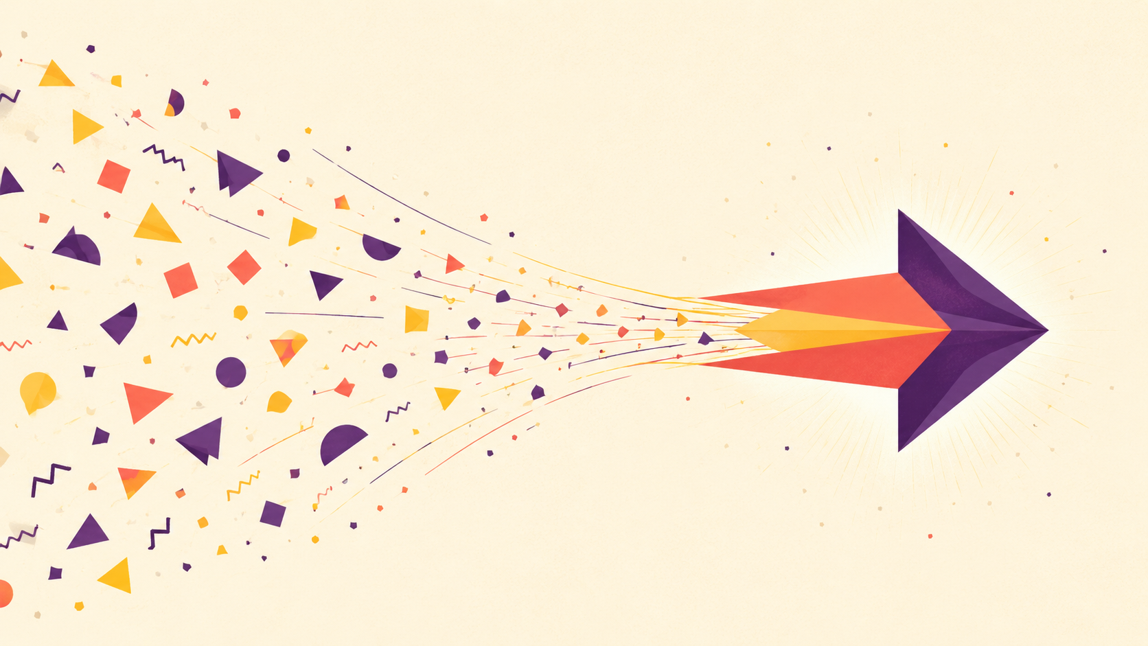 Scattered geometric shapes converging into one large clean arrow, order emerging from a mess.