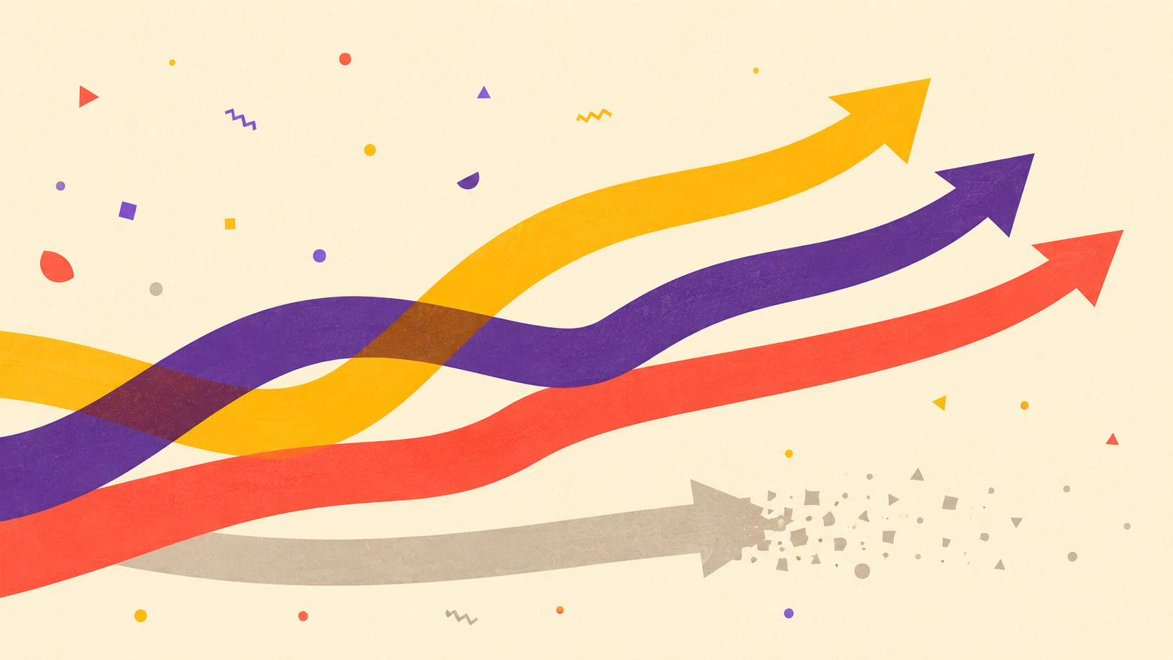 Three bright arrows climbing to the upper right while a grey arrow breaks apart, the leads that get through and the one that is lost.