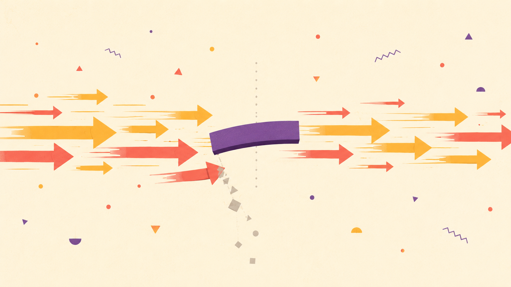 Arrows moving past a small plum patch bridging a gap, one arrow slipping at the seam and breaking into fragments.