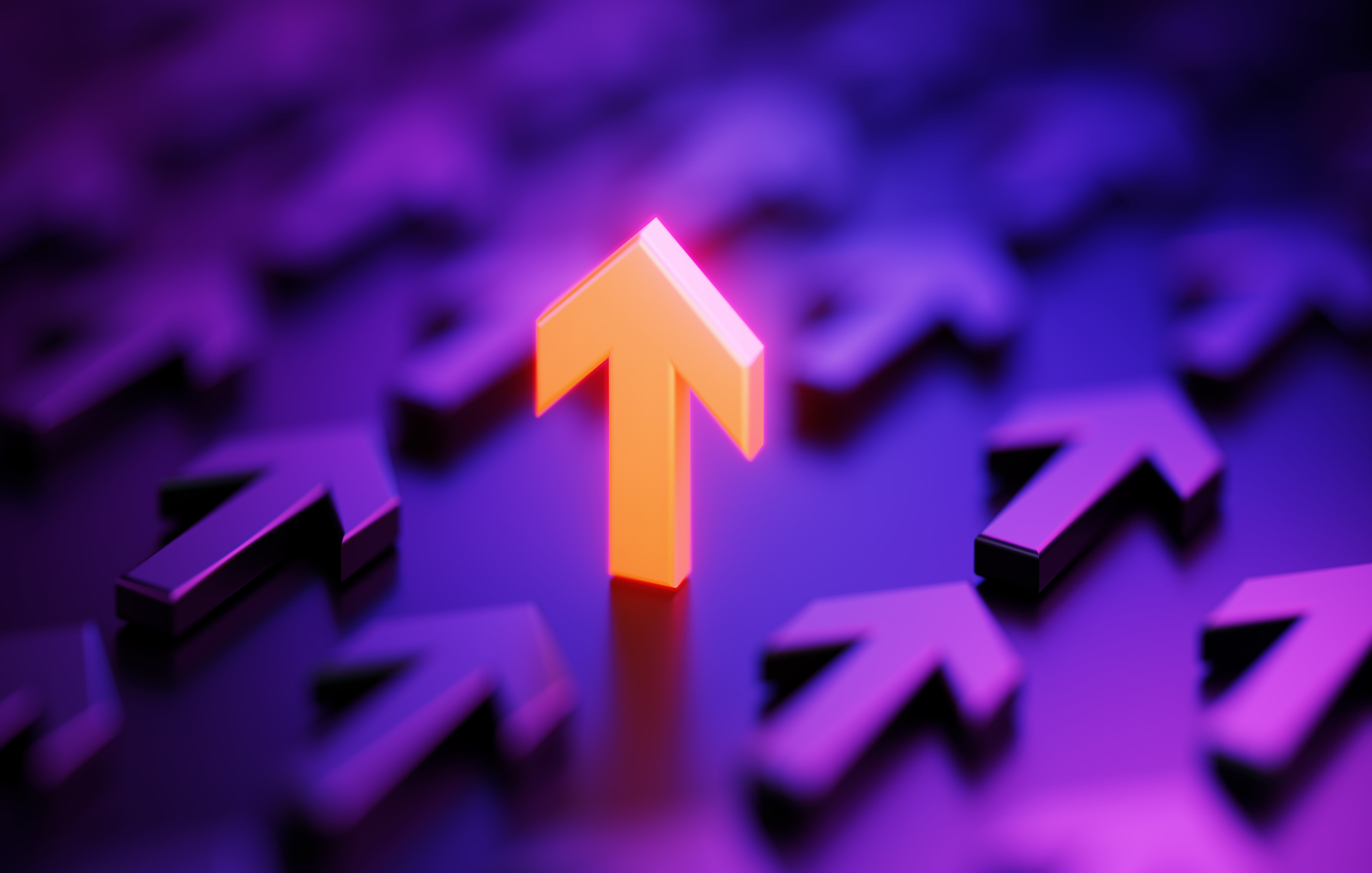 One bright arrow rising clear of a crowd of dark arrows pointing every other way.
