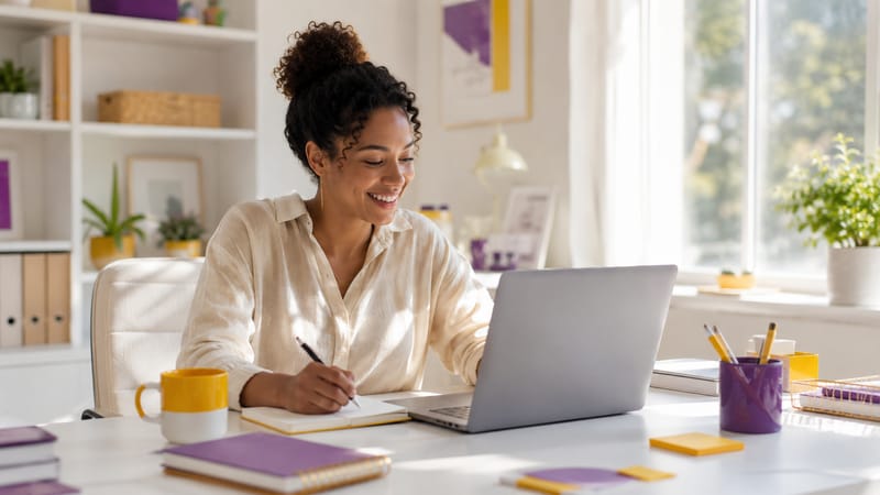 A desk by a window with an open laptop, a notebook and a pen mid-note