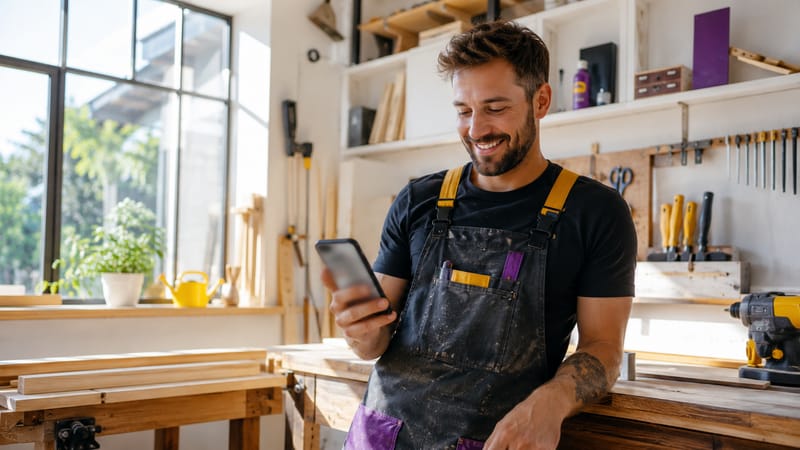 A bright workshop with a workbench, hand tools and a phone screen in use