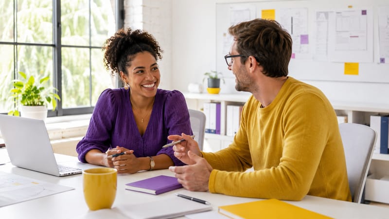Two people at a meeting table either side of an open laptop and notes